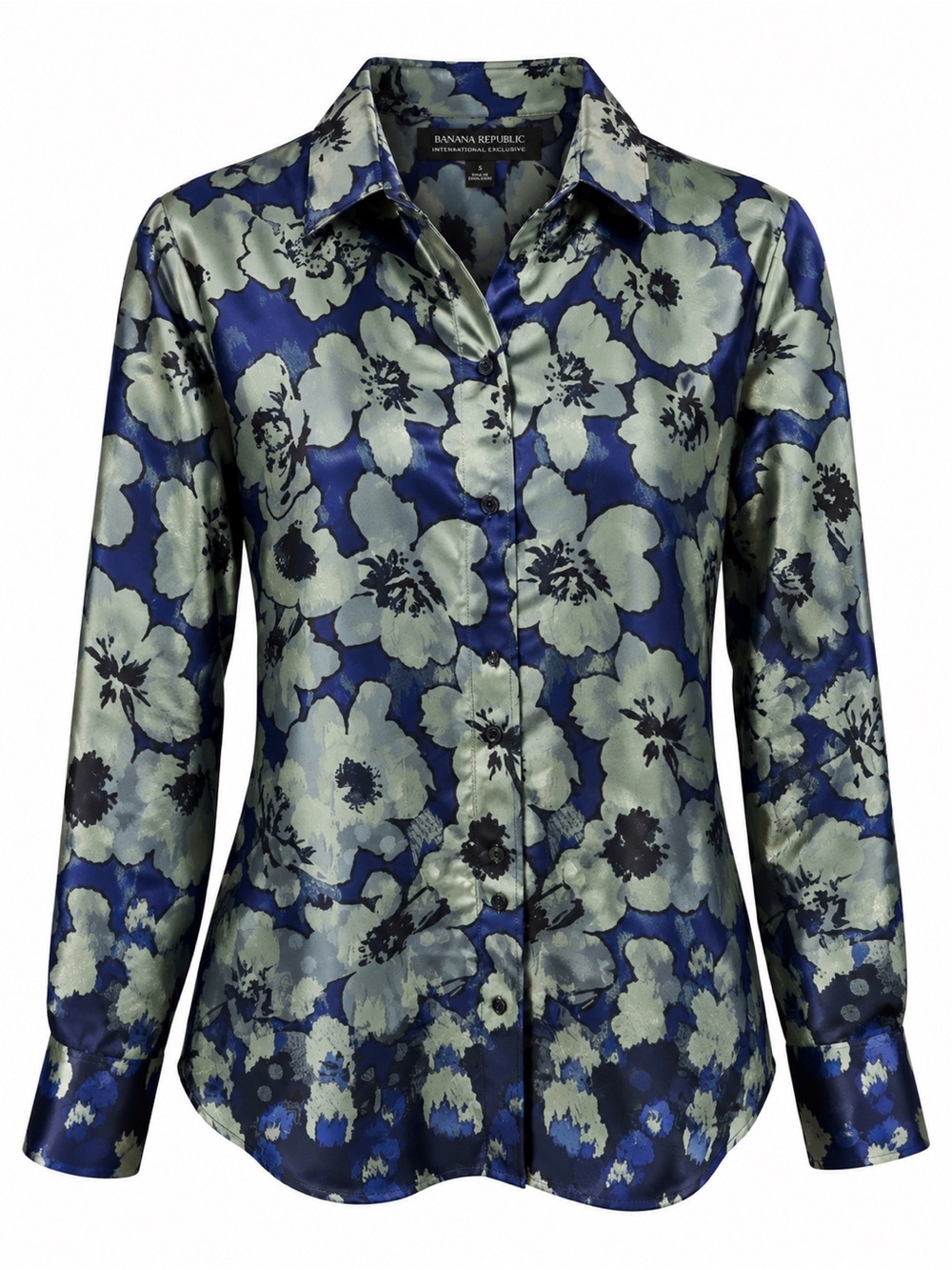 Banana Republic Painted Satin Floral Button Down Blouse Indigo Sage Size S